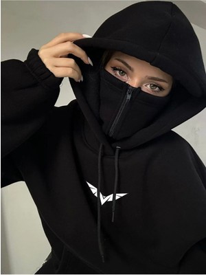 Soothing Space Siyah Maskeli Kapüşonlu Hoodie %90 Pamuk Ekstra Baskılı Oversize Tasarım