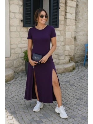 Stelol Kadın Kısa Kollu Sırt Dekolteli Yırtmaç Detaylı Viskon Elbise