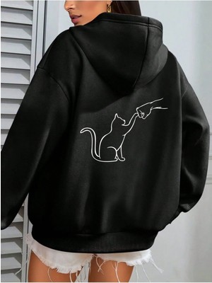Divin Kadın Kedi Baskılı Sweatshırt 3iplik Kaliteli Kumaş Oversize Kesim
