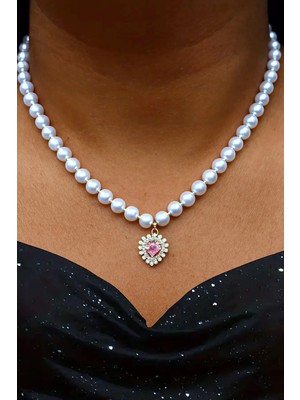 Caş Dekorasyon Beyaz Renk Kalp Motif Incili Çelik Kolye