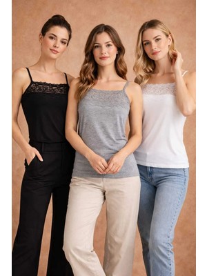 Gümüş 3 Adet Geniş Dantel Detaylı Ip Askılı Atlet Premium Pamuklu Likralı