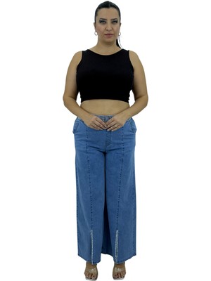 Zanessi Büyük Beden Denim Taşlı Bol Paça Detaylı Kadın Pantolon