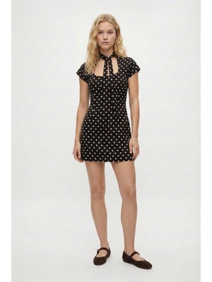 Ritnice Kadın Rory U Yaka Puantiyeli Acı Kahverengi Kısa Dokuma Elbise