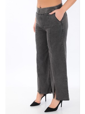 Zanessi Büyük Beden Denim Taşlı Bol Paça Detaylı Kadın Pantolon
