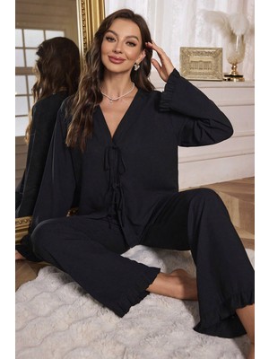 Tudik Collection Kadın Siyah Önden Bağlamalı Kolu ve Paçası Fırfır Detaylı Uzun Kollu Pijama Takımı