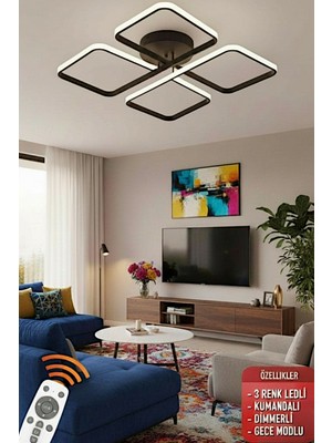 Ece Aydınlatma Finesse Siyah Kasa,03 Renk LED Işıklı,kumandalı,salon,oturma Odası,yatak Için LED Avize