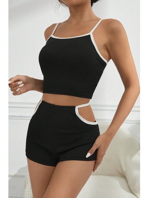 Tudik Collection Kadın Siyah Beyaz Şortlu Cut-Out Detaylı Gecelik Takımı