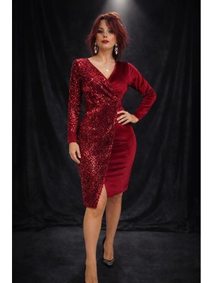 Kadife Payet Kruvaze Elbise