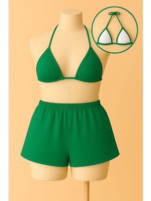 Tudik Collection Kadın Yeşil Şortlu Belden ve Boyundan Bağlamalı Bikini Takımı