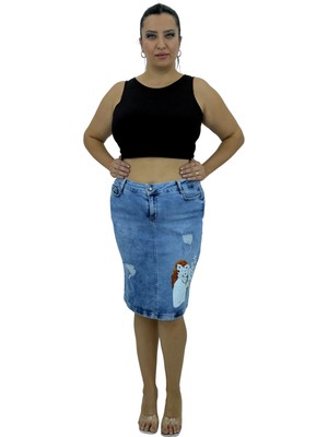 Büyük Beden Kadın Pamuklu Yırtmaçlı Eskitme Detaylı Cepli Etek