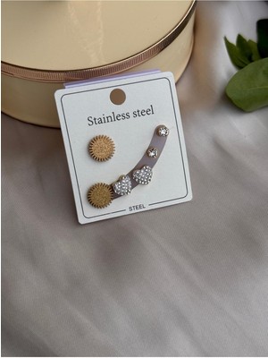 Hercy 316 L Paslanmaz Çelik Küpe Set | Zirkon Taşlı Minimal Küpe Set | Gold 3'lü Küpe Set