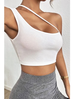 Tudik Collection Kadın Beyaz Tek Omuzlu Çapraz Askılı Crop Top Büstiyer