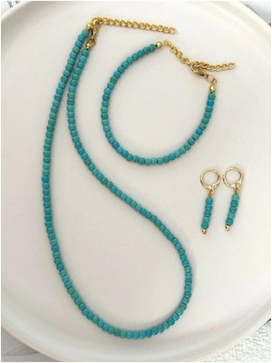 Hercy Doğal Turkuaz Boncuklu Kolye - Bileklik - Küpe Set | Takı Seti | Yazlık Kolye