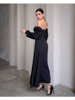 Trend Esinty Kadın Madonna Yaka Balon Kol Maxi Boy Ithal Double Kumaş Elbise