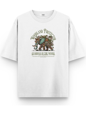 Overoz Fil Elephant Baskılı Yarı Oversize Beyaz Unisex Tshirt 1400