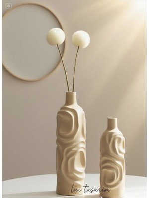 Özgürce Krem Rengi Seramik Vazo Seti, Bohem ve Iskandinav Tarzı, 2'li