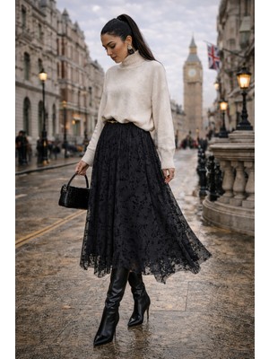 Gugus Kadın Flok Baskılı Astarlı Tül Asimetrik Etek