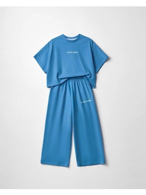 Magu Kız Çocuk Pamuklu Mavi Baskılı T-Shirt Pantolon Takım - Bol Kesim Rahat Set