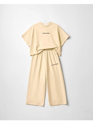 Magu Kız Çocuk Pamuklu Bej Baskılı T-Shirt Pantolon Takım - Bol Kesim Rahat Set