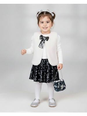 Kız Çocuk Peluş Yelekli, Pullu Etekli, Çantalı 2-3-4-5 Yş Bayramlık Şık Kombin