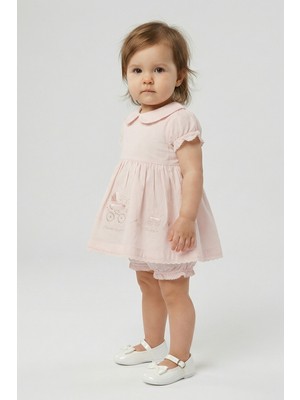 Minipomes Kız Bebek Bebe Yaka Yazlık Elbise ve Çamaşır Pembe