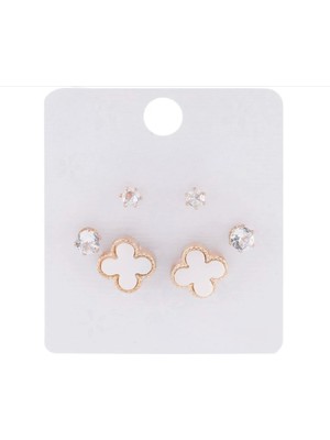 Fashion Beyaz Mini Işlemeli Yonca Küpe Seti