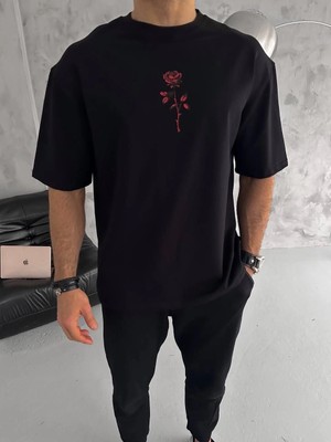 Glam Love Bisiklet Yaka Baskılı Oversize T-Shirt - Siyah -