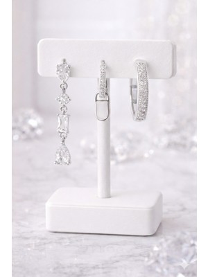 Lia Charm Gümüş Renk Zirkon Taşlı 3’lü Kadın Küpe Seti Sallantılı ve Halka Kombin Şık Küpe