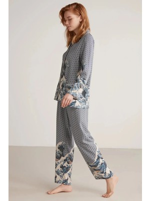 Tudik Collection Nautıca W617 Kadın Uzun Kollu Önden Düğmeli Pijama Takımı