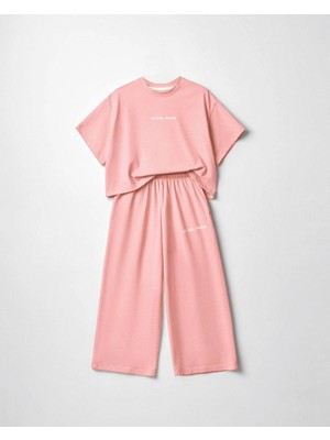 Magu Kız Çocuk Pamuklu Pembe Baskılı T-Shirt Pantolon Takım - Bol Kesim Rahat Set