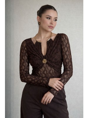 Twomeey Kadın Damla Yaka Gold Detay Dantel Tasarım Bluz