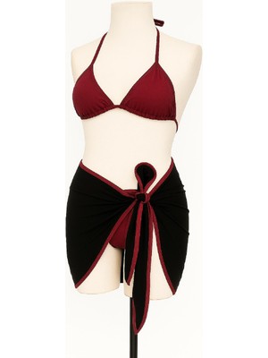 Tudik Collection Kadın Bordo Siyah Pareolu Yandan ve Boyundan Bağlamalı 3'lü Bikini Takımı