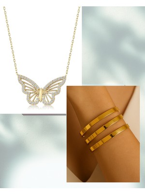 Sinerjim 2'Lİ Set - Altın Renk 3 Adet Kalın Ajda Bilezik, Altın Renk Kelebek Kolye SNJ-SET1001