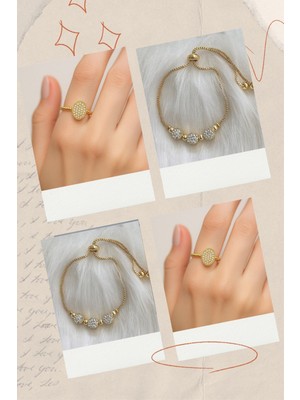 Sinerjim 2'Lİ Set - Zirkon Taşlı Üçlü Asansör Bileklik, Oval Motif Zirkon Ayarlanabilir Yüzük SNJ-SET1002