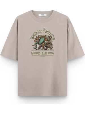 Overoz Fil Elephant Baskılı Yarı Oversize Unisex Taş Rengi Tshirt 1400
