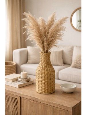 Özgürce El Yapımı Hasır Rattan Vazo, Uzun Ince Bohem Tasarım, 30 cm