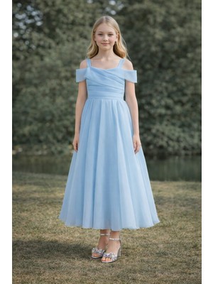 Tarz Çocuk Kız Çocuk Şifon Midi Boy Abiye Elbise – Omuz Dekolteli, Tül Detaylı (8-14 Yaş)