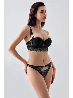 Cotonhause Kadın Desteksiz Siyah Dantelli Büstiyer Sütyen Takım C2T6N1433