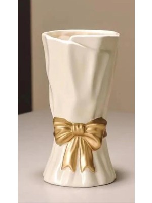 Özgürce Şık Büyük Buket Vazo, Çiçeklik ve Dekoratif Fiyonklu Gold Detaylı