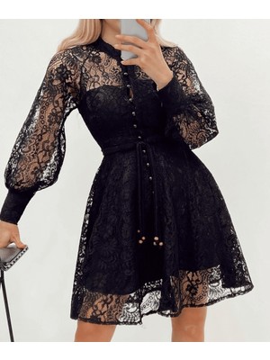 Trend Esinty Boydan Düğmeli Astarlı Balon Kol Fermuarlı Tül Elbise