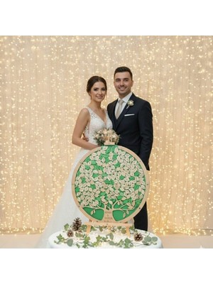 Evlilik Sepetim Düğün-Nişan- Misafir Hatıra Anı Kutusu-Defteri Yeşil Hayat Ağacı Yuvarlak 50 cm Çapında Şövale ve Kalem Hediyeli