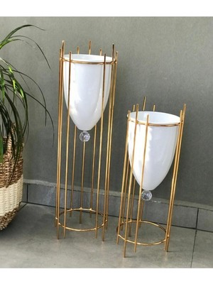 Özgürce Şık Metal Ayaklı Dekoratif 2'li Saksı ve Vazo Seti