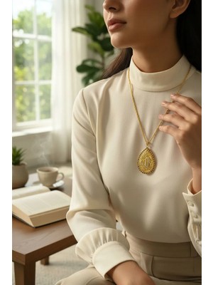 Alya's Aksesuar Renkli Taşlı Allah Yazılı Su Damlası KOLYE-14K Altın Kaplama