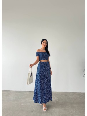 Trend Esinty Kadın Madonna Yaka Crop Bluz ve Maxi Etek Viskon Kumaş Ikili Takım