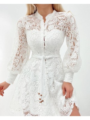 Trend Esinty Boydan Düğmeli Astarlı Balon Kol Fermuarlı Tül Elbise