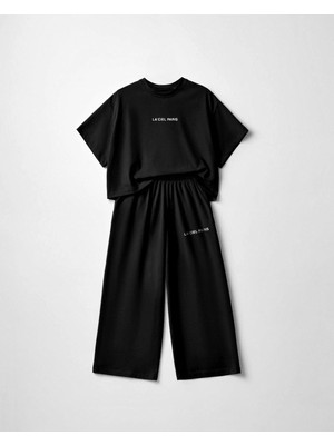 Magu Kız Çocuk Pamuklu Siyah Baskılı T-Shirt Pantolon Takım - Bol Kesim Rahat Set