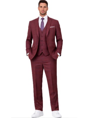 Fabio Cassel Slim Fit  Mono Yaka Çift Yırtmaçlı Astarlı Takım Elbise Yelekli