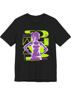Tişört Kodu She Builds – Motivasyon Temalı Kadın Tişört | Spor & Günlük Kullanım