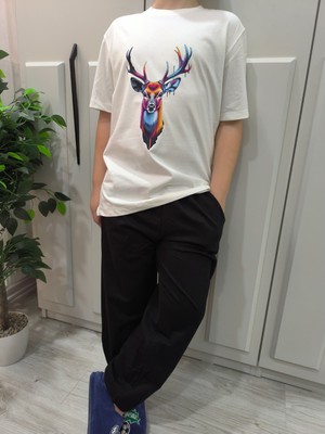 Pidal Giyim Renkli Geyik Baskılı Pamuklu Yumuşak Dokulu Kısa Kollu Unisex Çocuk Eşofman Takımı