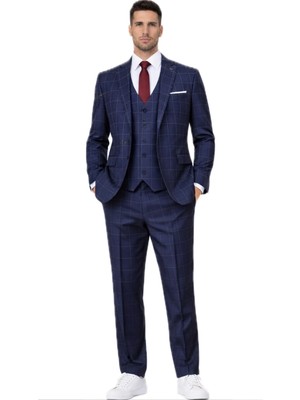 Fabio Cassel Slim Fit  Mono Yaka Çift Yırtmaçlı Astarlı Takım Elbise Yelekli